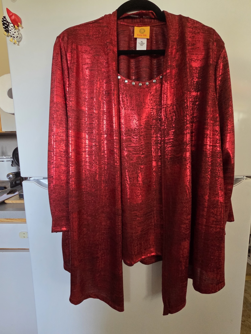 Ruby Rd. Red Metallic Shimmer Open Cardigan with Embellished Tank